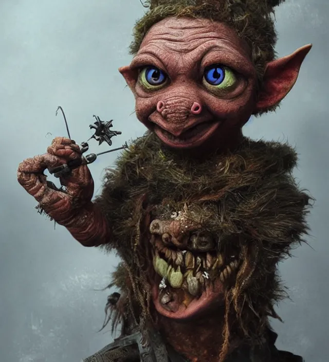 Prompt: hyper realistic portrait of postapocalyptic muppet show elf goblin death cult monk glass beads clay amulets cinematic symmetric dark _ crystal, artstation