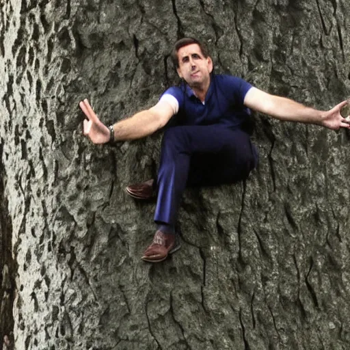 Prompt: close up of steve carrell climbing a giant tree