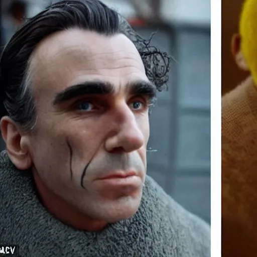 Prompt: film stills, daniel day lewis in the dramatic live - action biopic film of spongebob. not a cartoon. mr. day lewis went through 9 hours of makeup to look like a human yellow sponge