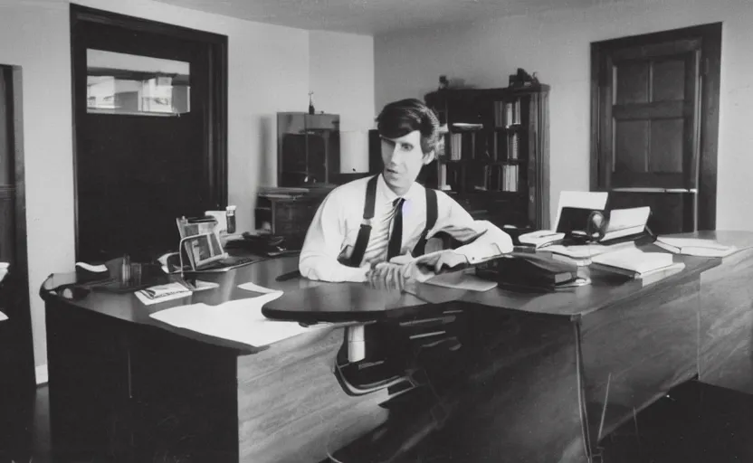 Image similar to color photo of a wall street banker wearing suspenders in his office. 8 0's style