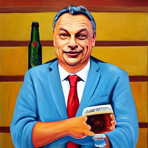 Image similar to viktor orban beer brewing at home, oil painting