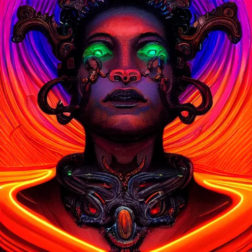 Image similar to deity starring into the camera, fixed eyes, flowing black coat with glowing neon orange trim, inside a museum, colorful, surreal, dramatic lighting, face, detailed, intricate, elegant, highly detailed, digital painting, artstation,, concept art, smooth, sharp focus, illustration, art by sam spratt, dan mumford, artem demura and alphonse mucha