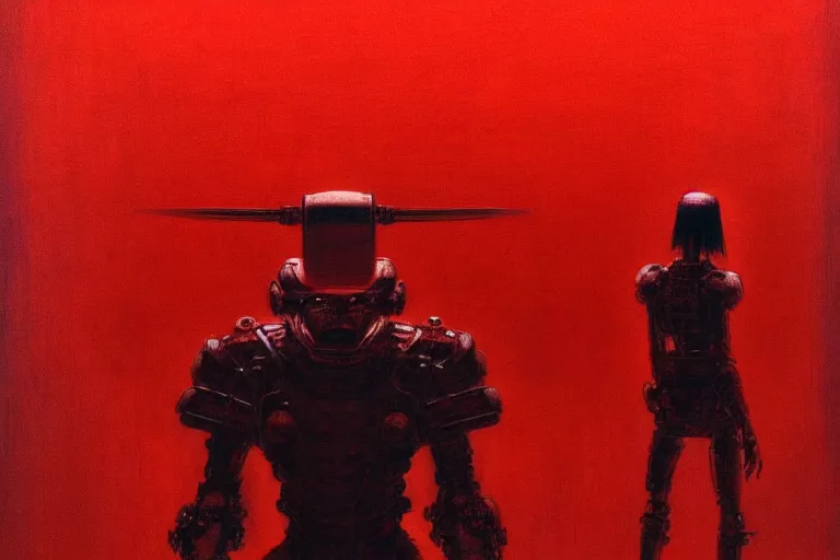 Image similar to only with red, a red cyborg samurai, tokio futuristic in background, some evil yokai, in the style of beksinski, parts by edward hopper, parts by rodcenko, parts by yue minjun, intricate and epic composition, red by caravaggio, insanely quality, highly detailed, masterpiece, red light, artstation, 4 k