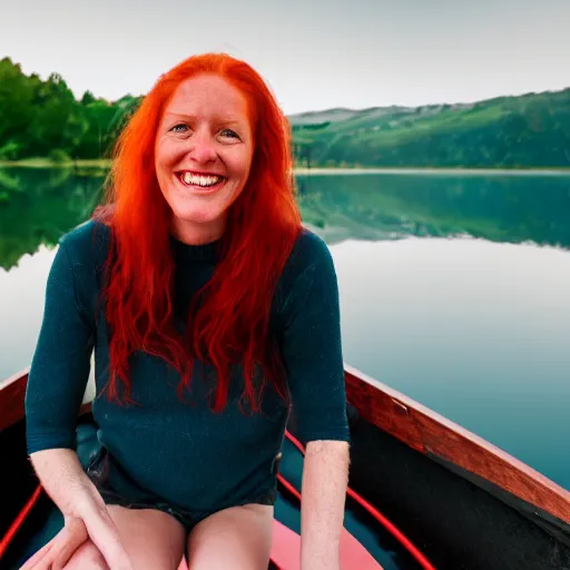 Prompt: tall beautiful red haired scottish woman, smiling on a raft in a lake, 4 k, early morning, mist, photorealism, professional photography