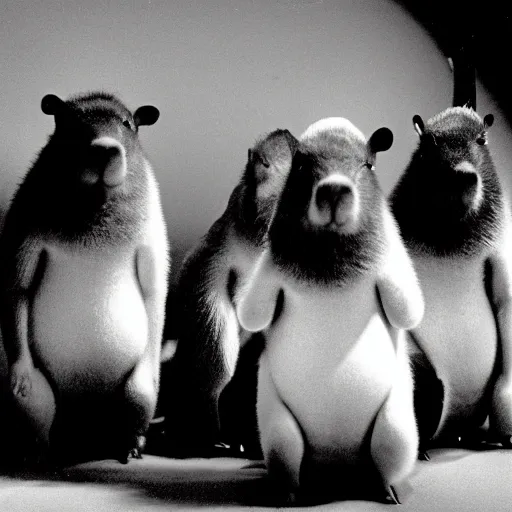 Image similar to black and white photo of a capybara band with bowl haircuts on the Ed Sullivan Show in 1965, cinematic lighting, light rays, ultra realistic, photorealistic, volumetric lighting, photography