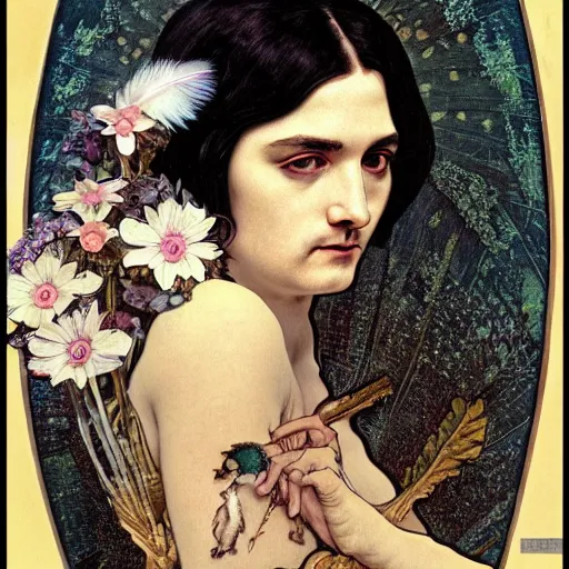 Image similar to highly detailed portrait of adolf hitler as a beautiful cute girl with feathers, endless black hair, with pale skin, fibonacci, fragile, sitted on an intricate stone throne by alphonse mucha, nicola samuri, dino valls, m. w. kaluta, rule of thirds, seductive look, 4 k resolution