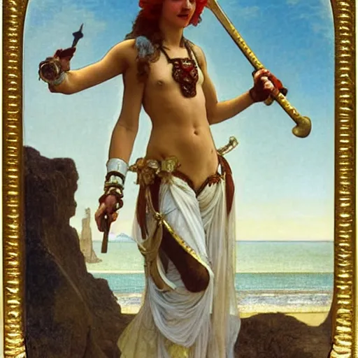 Image similar to A girl with jester clothes and a sword on the front of a Balustrade with a beach on the background, major arcana clothes, by paul delaroche, alphonse mucha and arnold böcklin arnold böcklin hyperrealistic 8k, very detailed