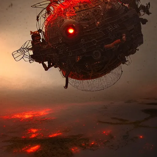 Image similar to a flying steampunk fortress, intricate, behrens style, octane render, fantasy digital art, beautiful composition, trending on artstation, night, meteors, red lightning!!!, red lightning, red lightning, dramatic lighting, snowstorm, eldritch