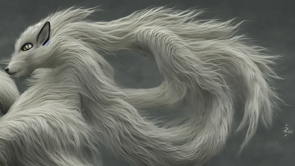 Image similar to a ninetails created by uzumaki junji ito and photographed by andrew thomas artgerm, digital art, redshift render, hyperrealistic, ray - tracing