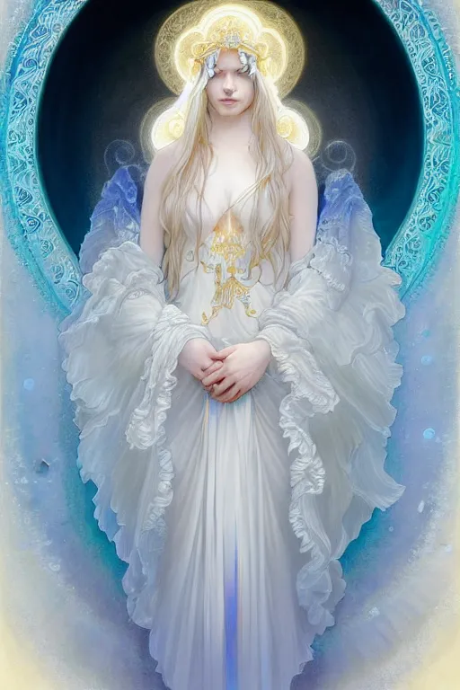 Image similar to portrait of white ghost, fantasy, gradient white blue grey, dreamy and ethereal, blue eyes, golden ratio, peaceful expression, ornate frilly dress, fantasy, intricate, elegant, rainbow bubbles, highly detailed, digital painting, artstation, concept art, smooth, b sharp focus, illustration, art by artgerm and greg rutkowski and alphonse mucha