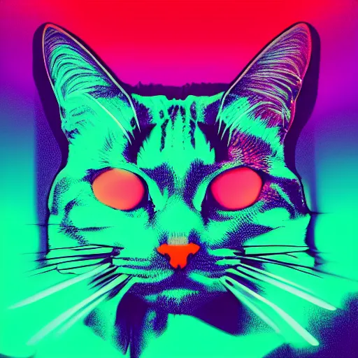 Image similar to cat head outline, portrait, vaporwave, synthwave, neon, vector graphics, cinematic, volumetric lighting, f 8 aperture, cinematic eastman 5 3 8 4 film, lightning in background