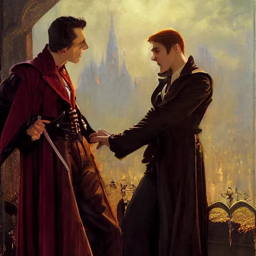 Image similar to attractive male, arthur pendragon confesses his love to attractive male dracula the vampire. highly detailed painting by gaston bussiere, craig mullins, j. c. leyendecker 8 k