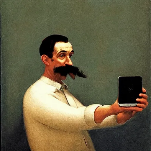 Image similar to Luigi doing selfie, artwork by Franz Sedlacek,