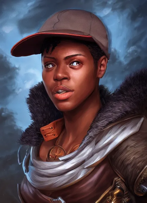 Prompt: An epic fantasy comic book style portrait painting of a young dark skinned girl with short hair dressed as a boy in a cap in the style of the wheel of time, unreal 5, DAZ, hyperrealistic, octane render, cosplay, RPG portrait, dynamic lighting