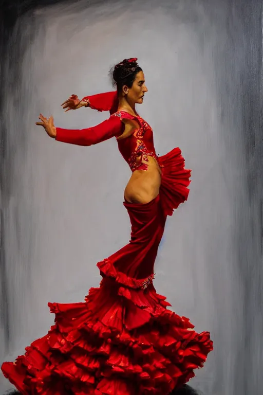 Image similar to oil painting of spanish flamenco dancer in mallorca wearing a red dress made of flowers, dimly lit, photo realistic, extreme detail skin, no filter, slr, 4 k, high definition