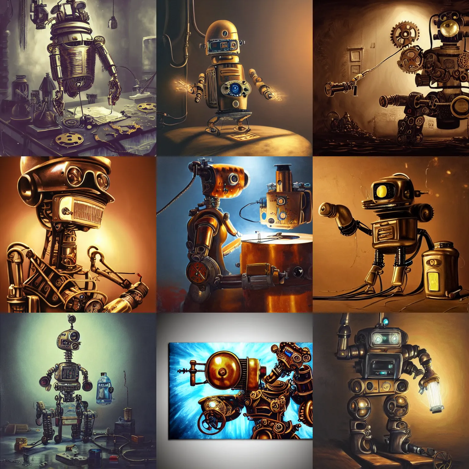 Prompt: old picture of a steampunk robot painting a canvas, photorealism, 4 k, beautiful light