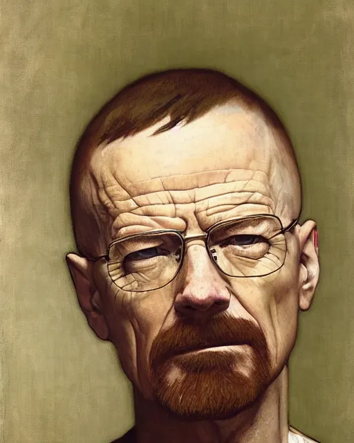 Prompt: walter white, portrait painting by richard schmid, edgar maxence, kehinde wiley, thomas moran, maxfield parrish, studio ghibli, loish, alphonse mucha, fashion photography