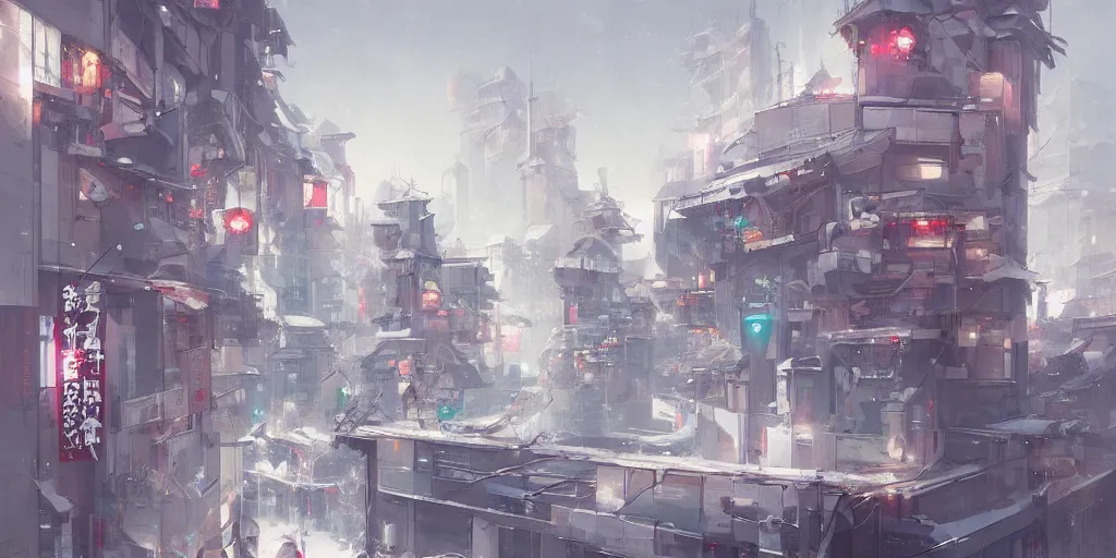 Image similar to japan's architectural street, snow in the city, buildings surrounded by cherry trees, cyberpunk, trends in artstation by peter mohrbacher,