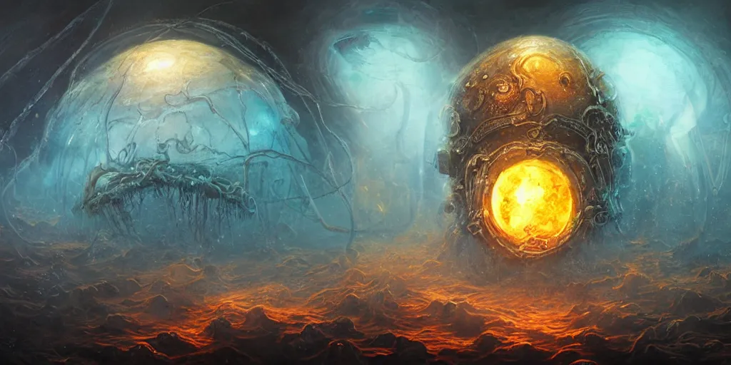 Image similar to concept art of giant translucent glowing jellyfishes, lovecraftian divers helmet, lots of teeth, melting horror, round moon, rich clouds, fighting the horrors of the unknown, mirrors, very detailed, volumetric light, mist, grim, fine art, decaying, textured oil over canvas, epic fantasy art, very colorful, ornate, anato finnstark