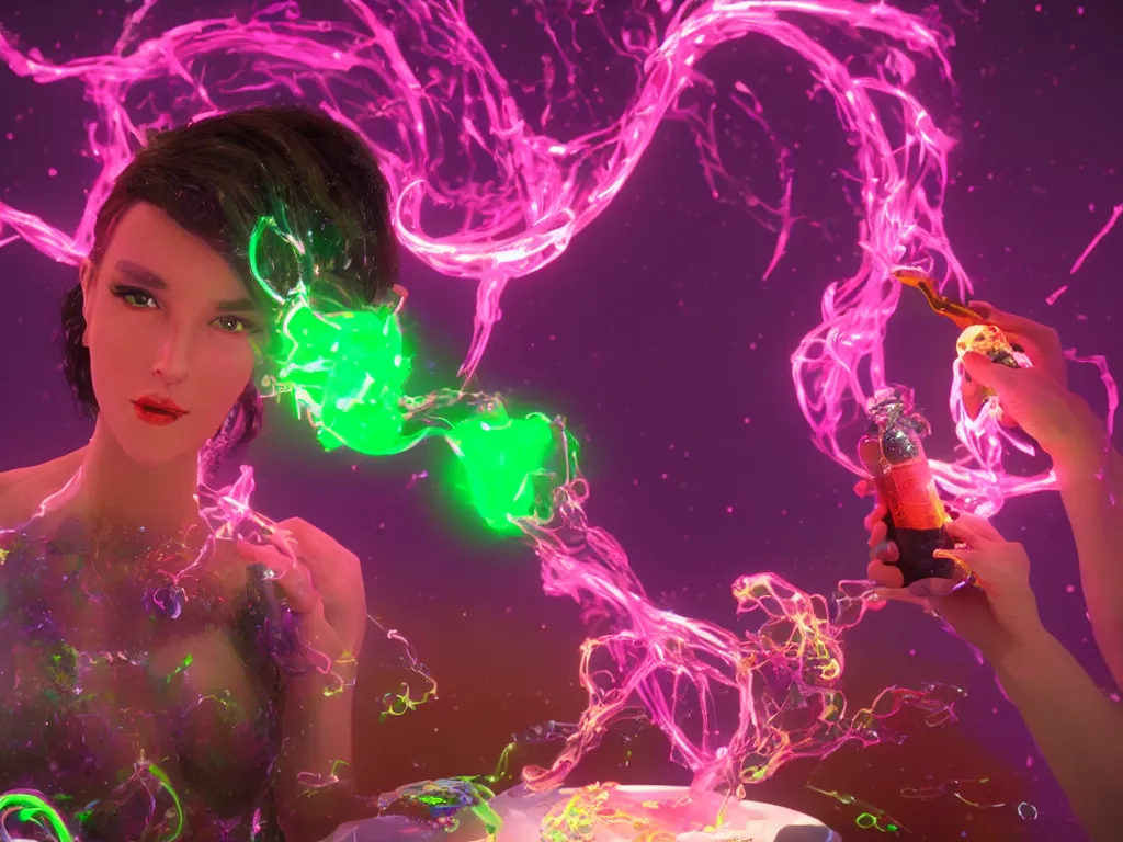 Image similar to a hyperrealistic portrait render of a beauty queen opening a bottle of glowing worms and drinking fluorescent liquid in the cosmos, unreal engine 8k