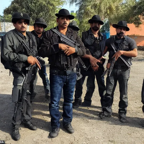 Image similar to the fearsome og shadow, mexican cartel leader, with his heavily armed men, award - winning photography