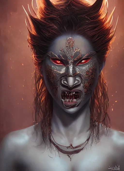 Image similar to a beautiful detailed oil on copper art illustration of a japanese namanari mask devil woman, the mask is broken, centered, by charlie bowater, zeng fanzh, trending on artstation, dim dusk lighting, cinematic lighting, detailed lighting, volumetric lighting, realistic, f 8, 4 k hd wallpaper