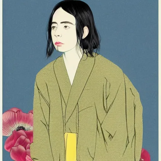 Image similar to “ billie eilish portrait by ikenaga yasunari and ayana otake and ko rakusui, 6 0 s poster, drawing, realistic, sharp focus, japanese, dreamy, nostalgia, faded, golden hues, floral clothes ”