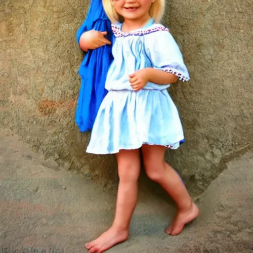 Image similar to a little peasant girl, blue dress, blond hair, bare feet, smiling