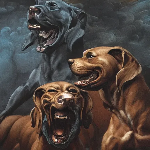 Image similar to hyperdetailed matte art of a three headed dog cerberus by william blake, greg rutkowski, amano, rene magritte, craig mullins, three headed dog cerberus, details