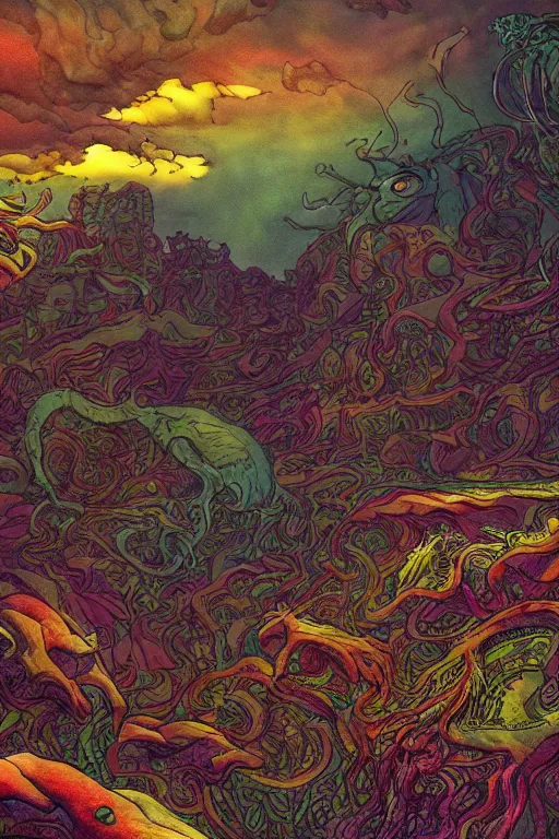 Prompt: stampede through a psychedelic landscape, in the style of Greg Broadmore and Arthur Rackham and Moebius, trending on artstation, light lighting side view,digital art,surrealism ,macro,blueprint ,vaporwave ,