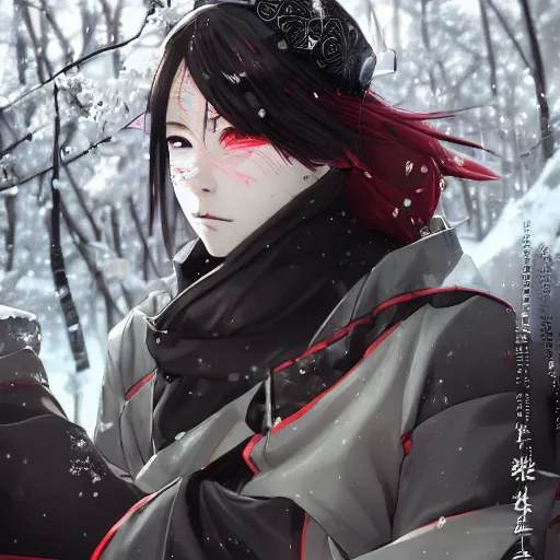 Prompt: a portrait of a techwear hakama princess, beautiful and detailed eyes, with snow forest and cherry blossoms in the background, by tite kubo and guweiz, dramatic lighting, manga cover, highly detailed, incredible quality, trending on artstation