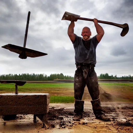 Prompt: a dirty blacksmith with the hammer raised aloft in front of an anvil, 4K, realistic photo, award winning EOS-1D, f/1.4, ISO 200, 1/160s, 8K, RAW, unedited, symmetrical balance, in-frame