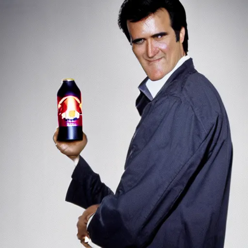 Prompt: young Bruce Campbell holding redbull can to the camera