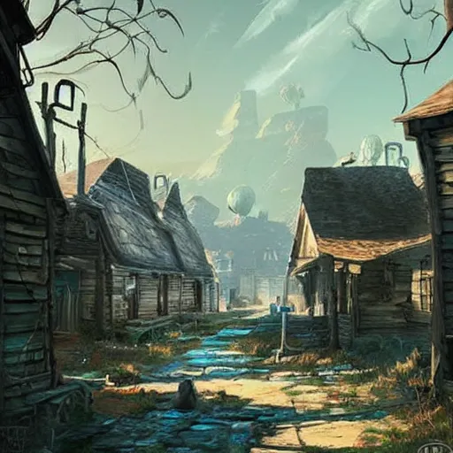 Prompt: smurf village as a ghost town, greg rutkowski, detailed,