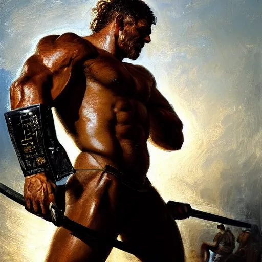 Image similar to handsome portrait of a spartan guy bodybuilder posing, radiant light, caustics, war hero, metal gear, steel bull run, by gaston bussiere, bayard wu, greg rutkowski, giger, maxim verehin