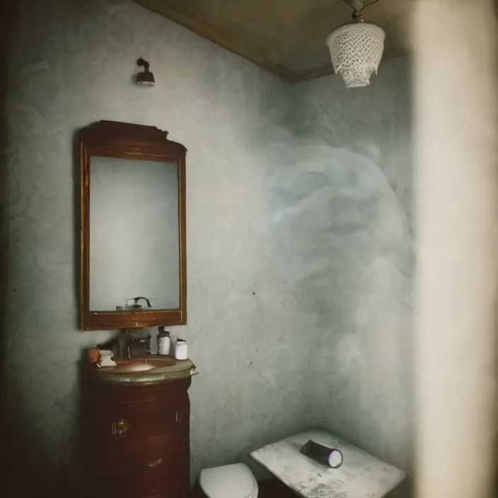 Image similar to kodak portra 4 0 0, wetplate, fisheye, award - winning portrait by britt marling, 1 9 2 0 s bathroom, ghost, picture frames, shining lamps, dust, smoke, 1 9 2 0 s furniture, wallpaper, carpet, books, muted colours, wood, fog,