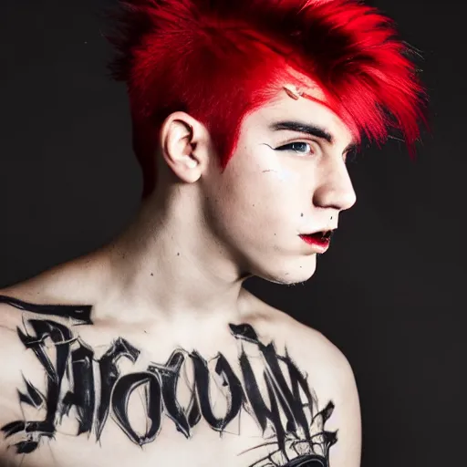 Prompt: young man with a short red dyed mohawk, red eyes and a slim face, dressed in punk clothing, punk style, headshot photo, attractive, handsome, in color,