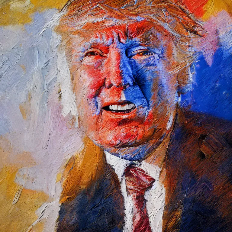 Prompt: Beautiful warmly lit close up studio portrait of Donald Trump as a happy non-binary justice warrior, impasto oil painting heavy brushstrokes by Cy Twombly and Anselm Kiefer , trending on artstation dramatic lighting abstract Expressionism