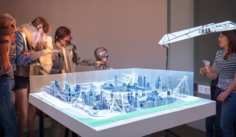 Image similar to group of people in simple white museum, looking at hologram of futuristic city on a table, cinematic concept art, godrays, golden hour, natural sunlight, 4 k, clear details, tabletop model buildings, center model buildings, hologram center, crane shot, crane shot, crane shot