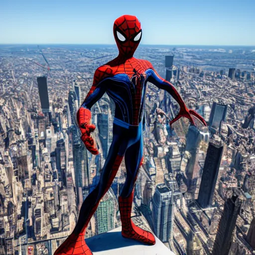 Prompt: marvel spider - from back hands on waist standing on top of the empire state building