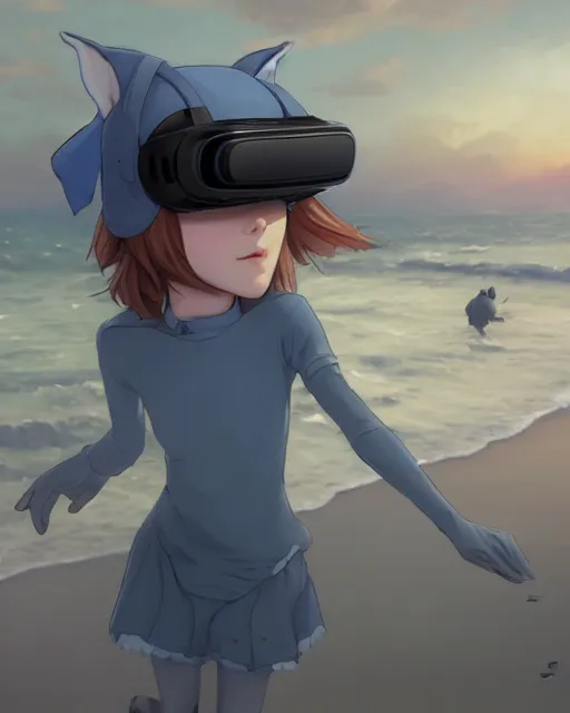 Prompt: a russian blue cat wearing a VR headset, !dream an attractive young female elf with long flowing auburn hair, standing on the beach on the ground front facing, looking at camera, blue water, anime. By Makoto Shinkai, Stanley Artgerm Lau, WLOP, Rossdraws, James Jean, Andrei Riabovitchev, Marc Simonetti, krenz cushart, Sakimichan, trending on ArtStation, digital art.