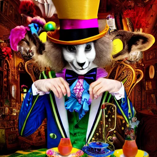 Prompt: johnny dep as the mad hatter having tea with the white rabbit in wonderland, strange surreal party, 8k resolution photo realistic, digital art, vivid