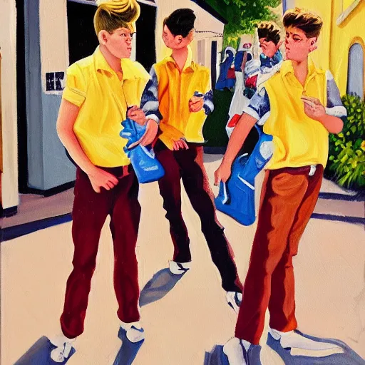 Image similar to a painting of three male teenagers with rockabilly haircuts holding yellow icw pops and looking at women in the streets high details