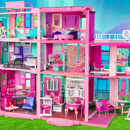 Prompt: Barbie Dreamhouse but it is all cluttered and junk because Barbie is a hoarder