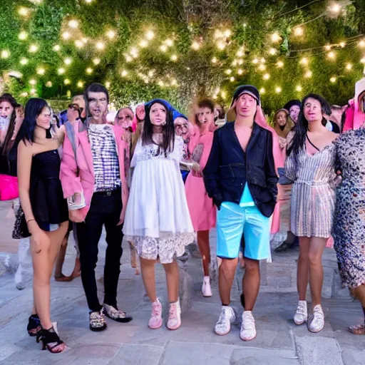 Prompt: a group of people are dressed in similiar fashion in an outdoor party in italy, wide lens shot, 3 0 mm, f 2. 8, concept party, themed object, high quality hd 8 k flash photography