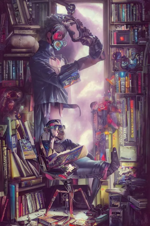 Prompt: cybergoth guy reading a book in a cluttered messy 9 0 s bedroom, artgerm, tom bagshaw, gerald brom, vaporwave, vaporwave colors, 9 0 s, 9 0 s aesthetic, perfect face, detailed face, symmetrical face,