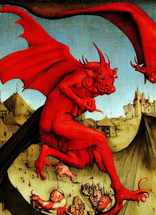 Image similar to red devil Gargoyle, Medieval painting by Jan van Eyck, Hieronymus Bosch, Florence