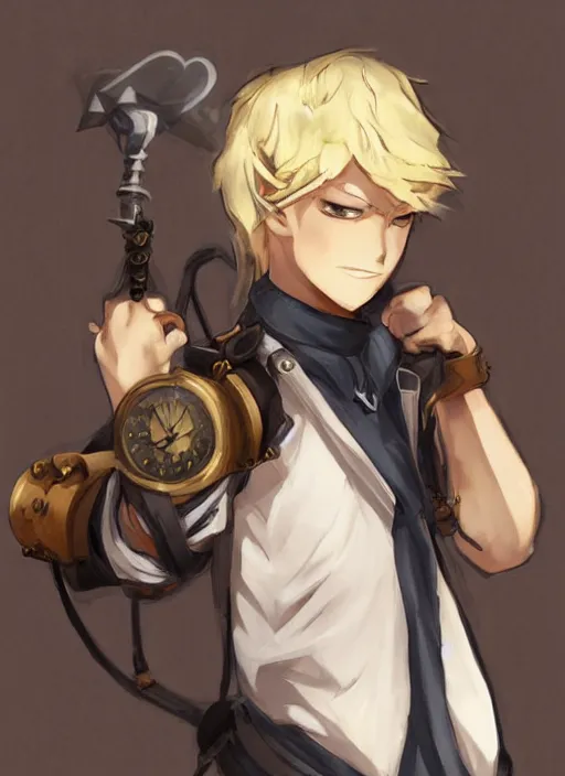 Image similar to a blonde boy thief with a steampunk armband in the style of krenz cushart