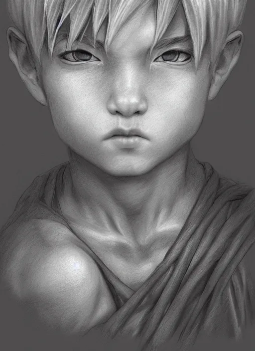 Image similar to realistic portrait pencil sketch of kid goku, old mystic ruins, afternoon, intricate, elegant, highly detailed, digital painting, sharp, focus, by artgerm and greg rutkowski