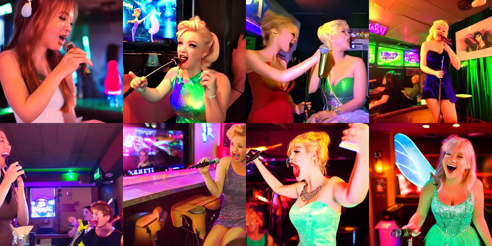 Prompt: drunk Tinkerbell singing at karaoke bar